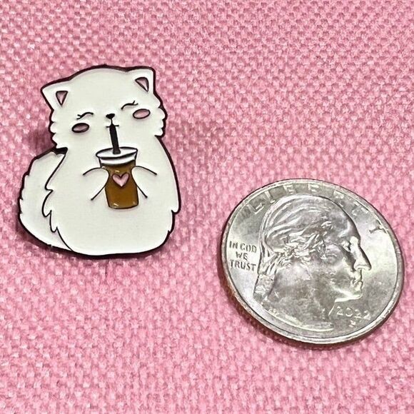 Cute Boba Drink White Cat Enamel Pin - Picture 2 of 3